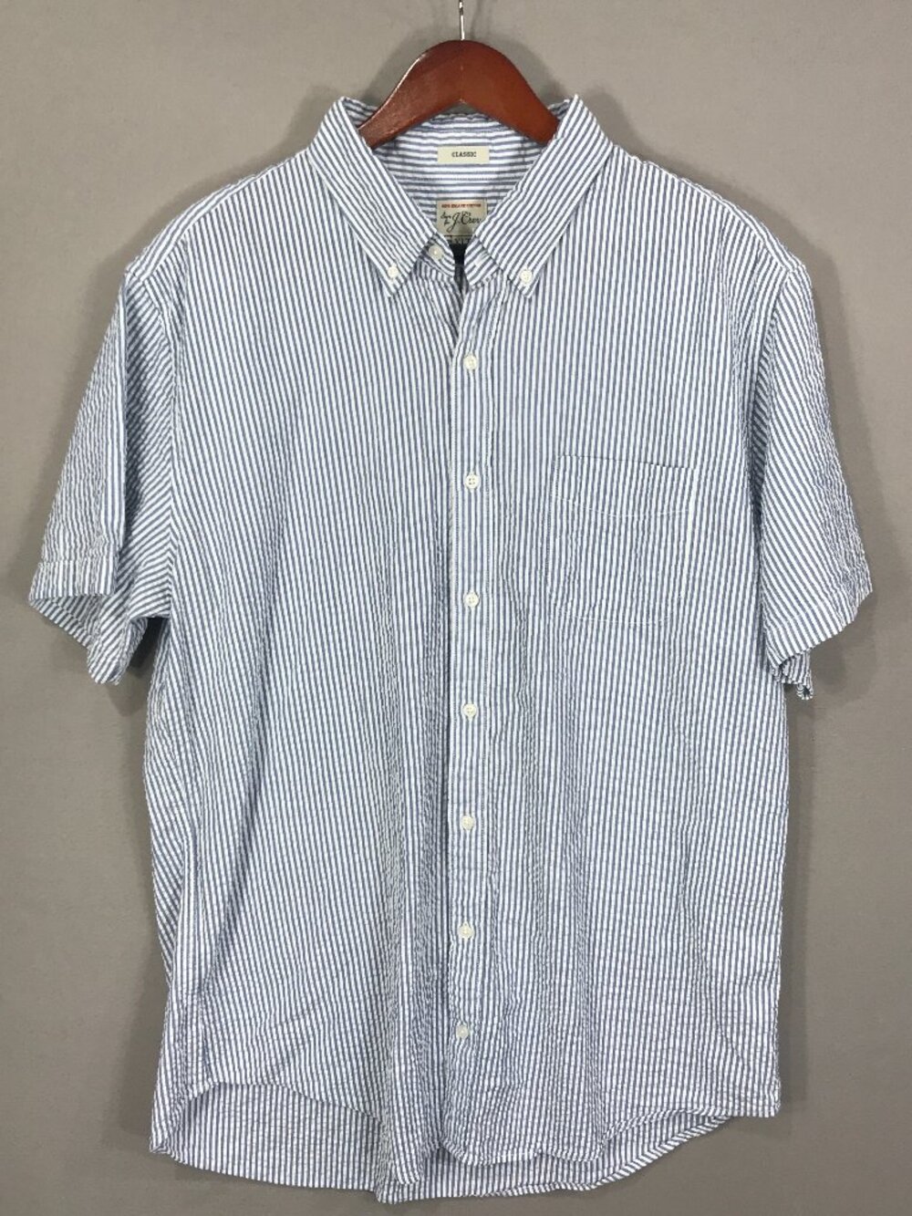 J Crew Shirt Men's XLT Blue White Striped Seersucker Button Down SS Classic Fit